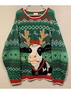 Holiday Time Ugly Christmas Sweater Cow Antlers Real Cow Bell 3XL 54-56 P81